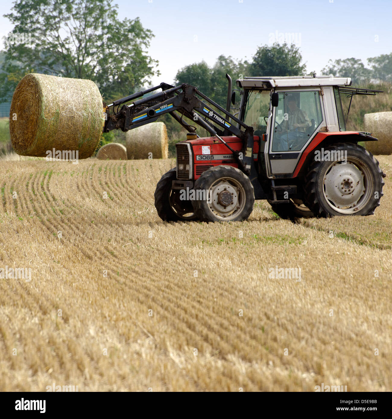 Agriculteur du levage d'une botte de paille avec tracteur, UK Banque D'Images