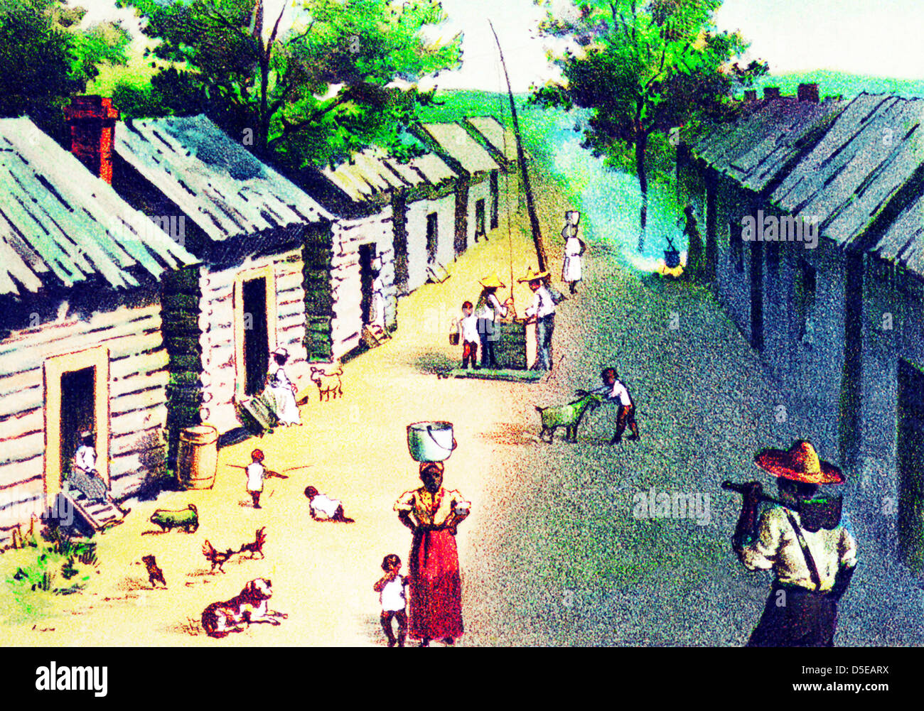 Imprimé vintage représentant les quartiers des esclaves dans une plantation américaine. Banque D'Images