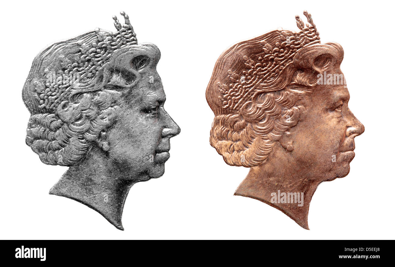 Argent et Bronze bas relief de la reine Elizabeth II de la monnaie, sur fond blanc Banque D'Images