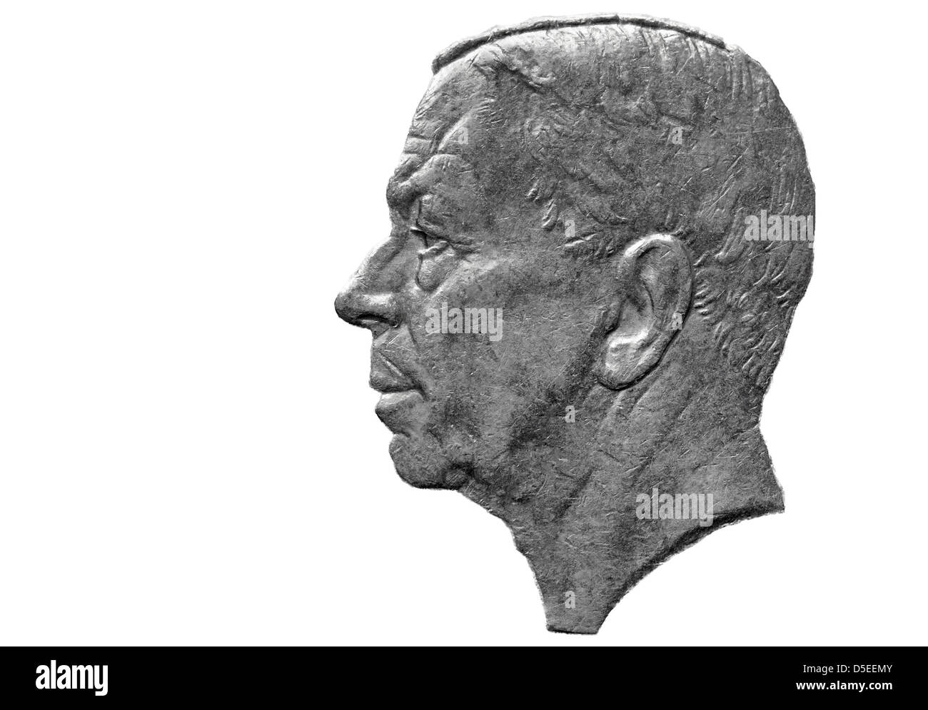 Portrait du Roi Carl XVI Gustaf de Suède, pièce de 5 Couronnes, 1972, sur fond blanc Banque D'Images