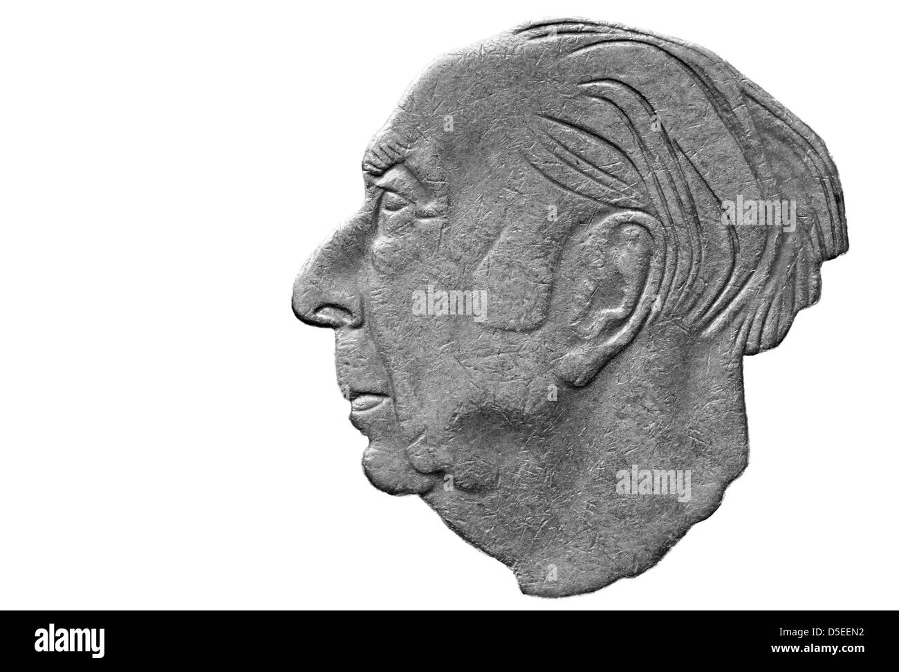 Portrait de Theodor Heuss de 2 Deutsche Mark, l'Allemagne de l'Ouest, pièce 1976, sur fond blanc Banque D'Images