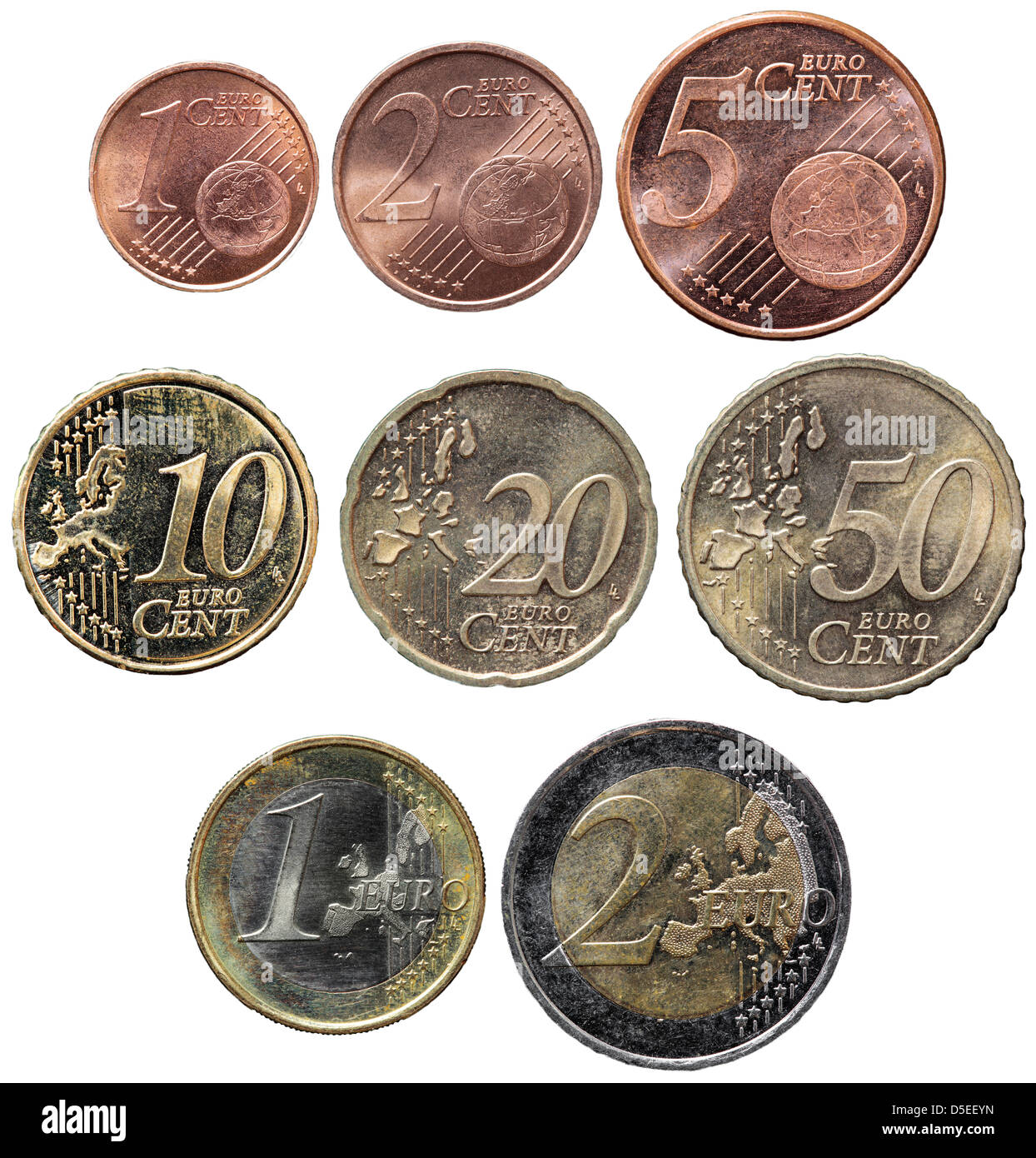 Ensemble de pièces en euro de dénominations différentes, sur fond blanc Banque D'Images