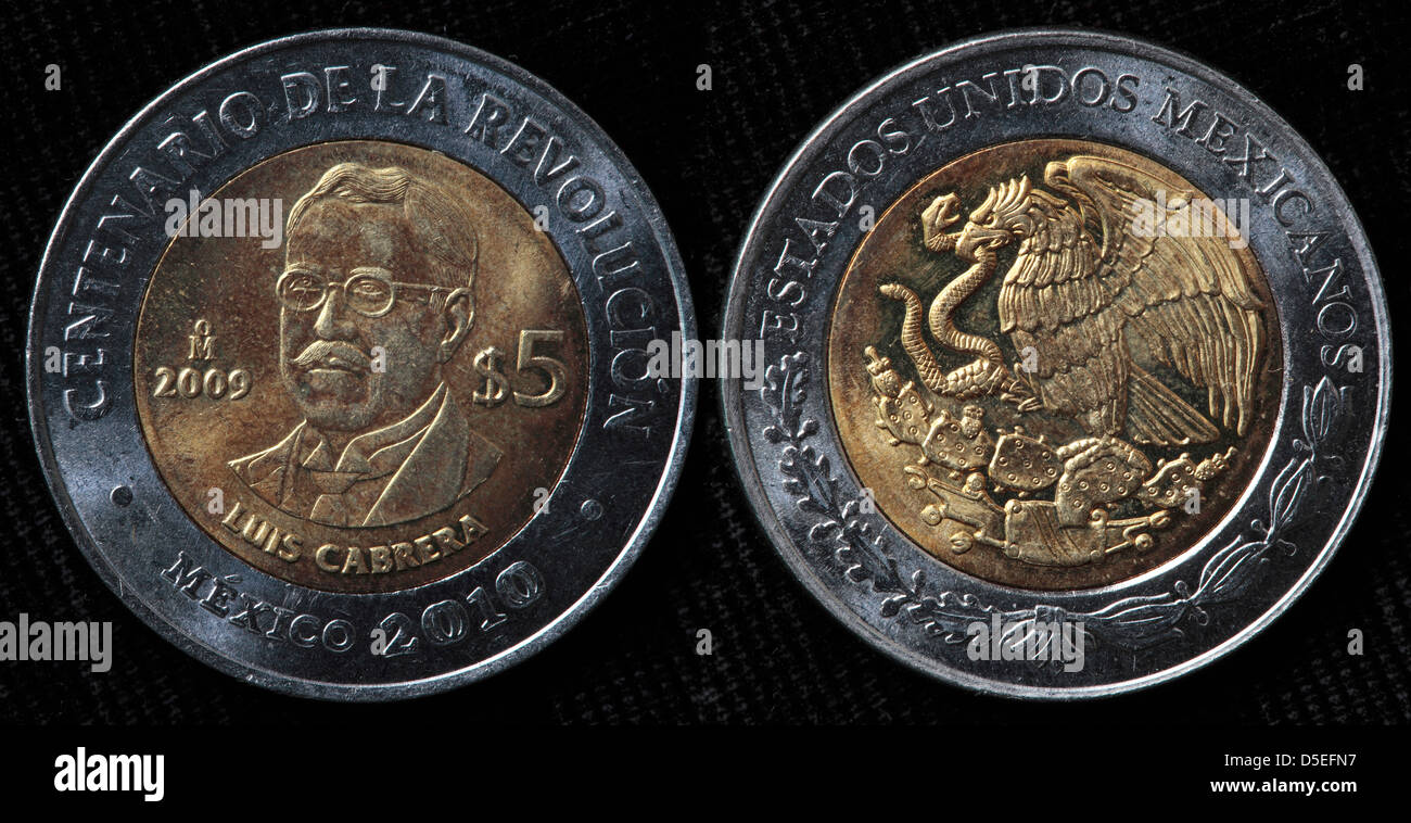 Pièce de 5 pesos, Luis Cabrera, Mexique, 2010 Banque D'Images