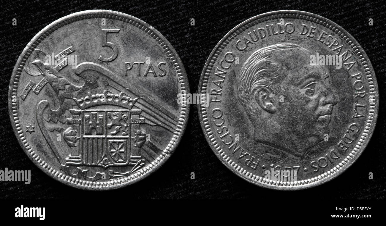 Pièce de 5 pesetas, Francisco Franco, l'Espagne, 1957 Banque D'Images