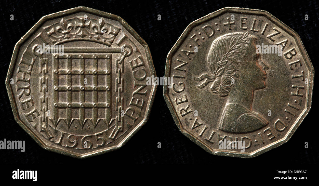 Pièce de 3 pence, La Reine Elizabeth II, couronné d'une herse, UK, 1965 Banque D'Images