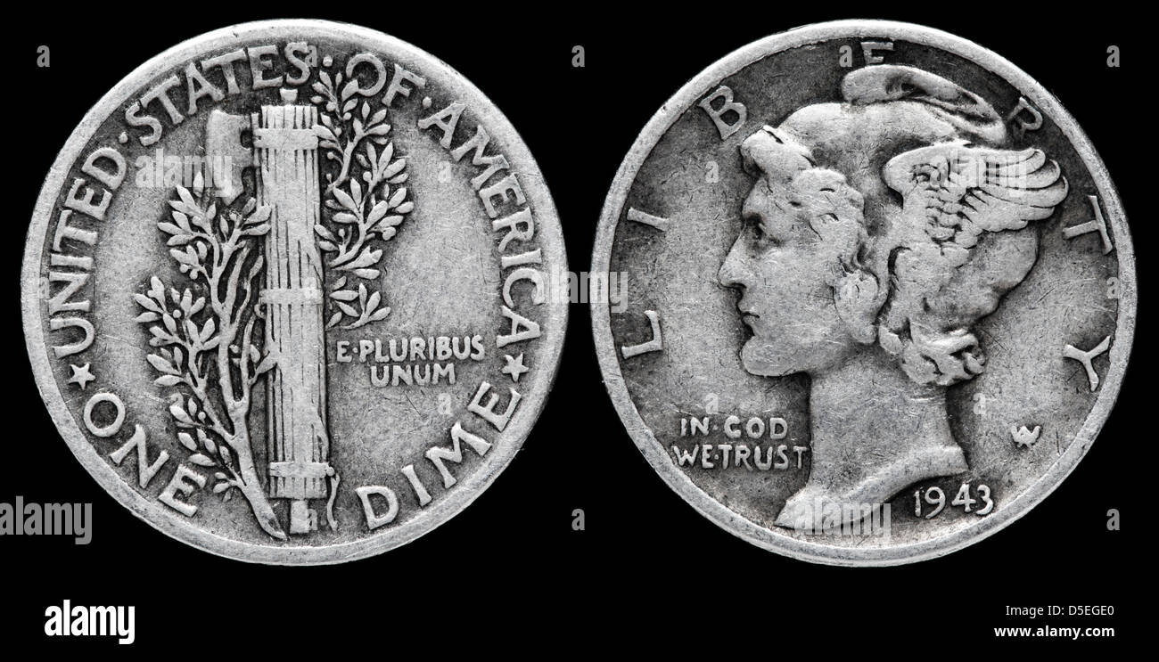 1 Dime (10 cents) pièce d'argent, le Mercure Dime, USA, 1943 Banque D'Images