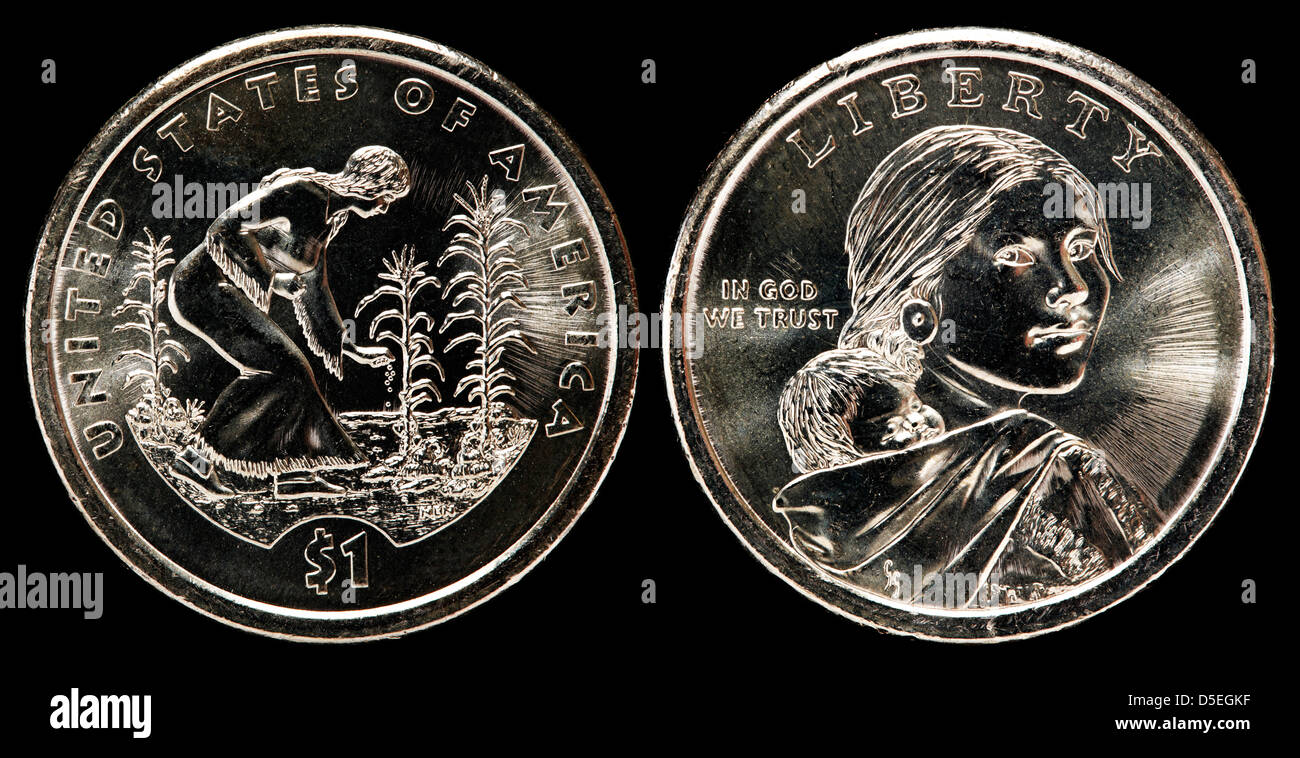 1 pièce d'un Dollar, Dollar Sacagawea, Native American female planter du maïs, des haricots et des courges, USA, 2009 Banque D'Images