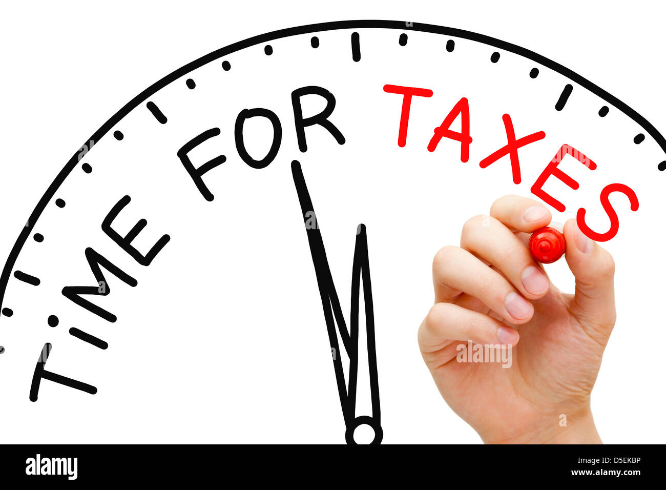 Temps d'écriture à la main pour les impôts concept avec marqueur rouge sur transparent essuyer. Banque D'Images