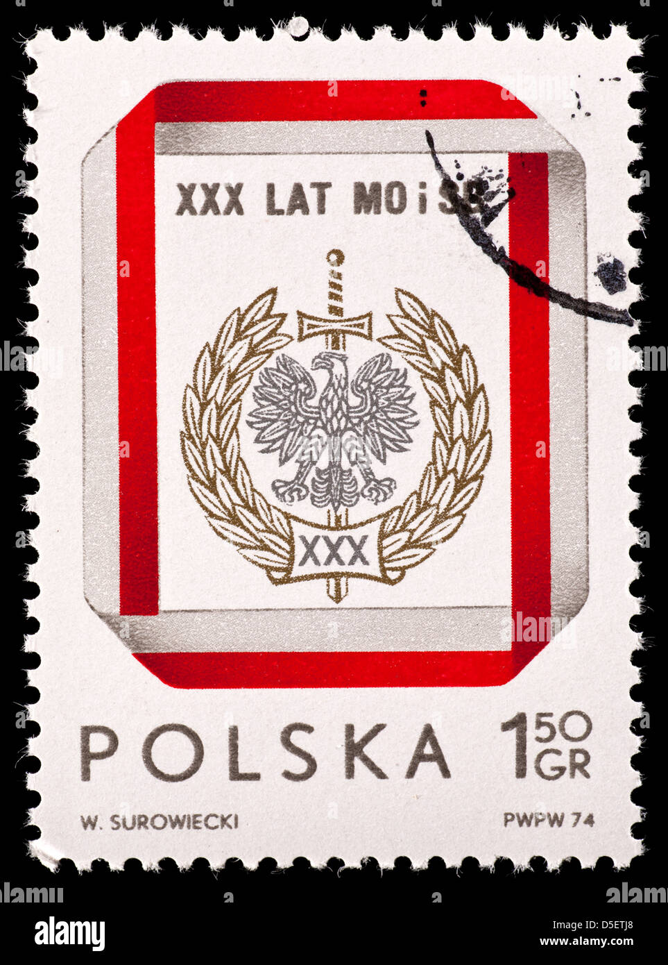 Timbre-poste de la Pologne représentant l'aigle polonais, pour la 30 ème anniversaire de la République populaire de Pologne. Banque D'Images