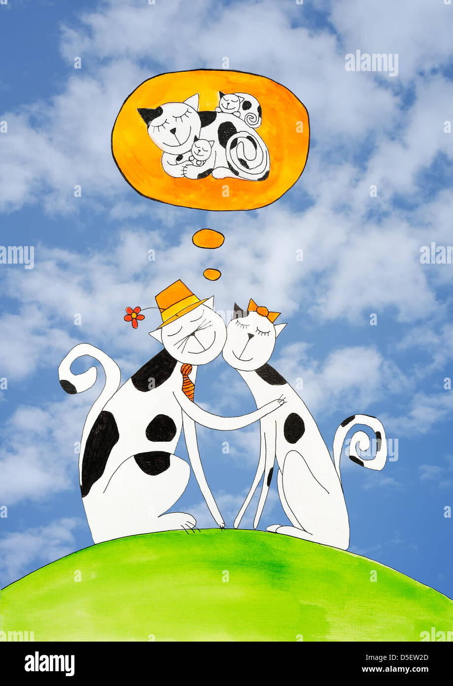 Les Chats Dans Lamour Dessin Denfant De Laquarelle