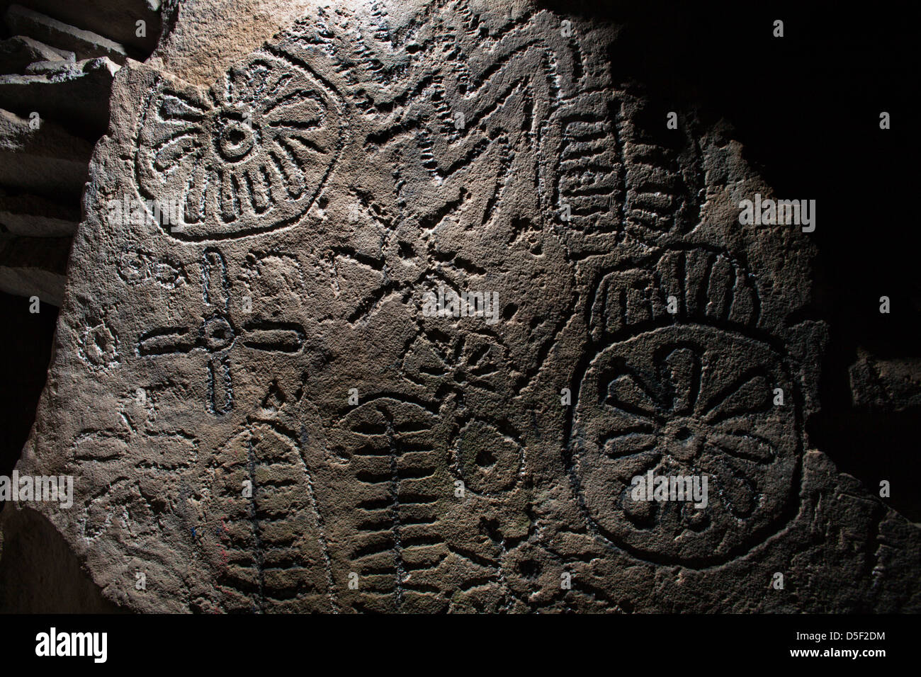 Pétroglyphes mégalithique ( gravures ) dans le passage Loughcrew tombe, comté de Meath, en Irlande. Banque D'Images