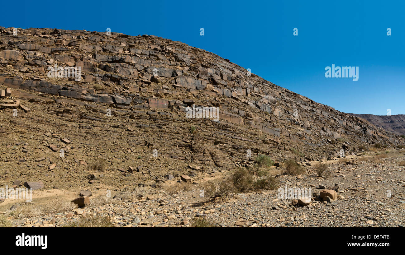 Wadi près de village de Ait Ouabelli où il y a un site d'art rupestre préhistorique, sur la route entre Akka et Icht au Maroc Banque D'Images