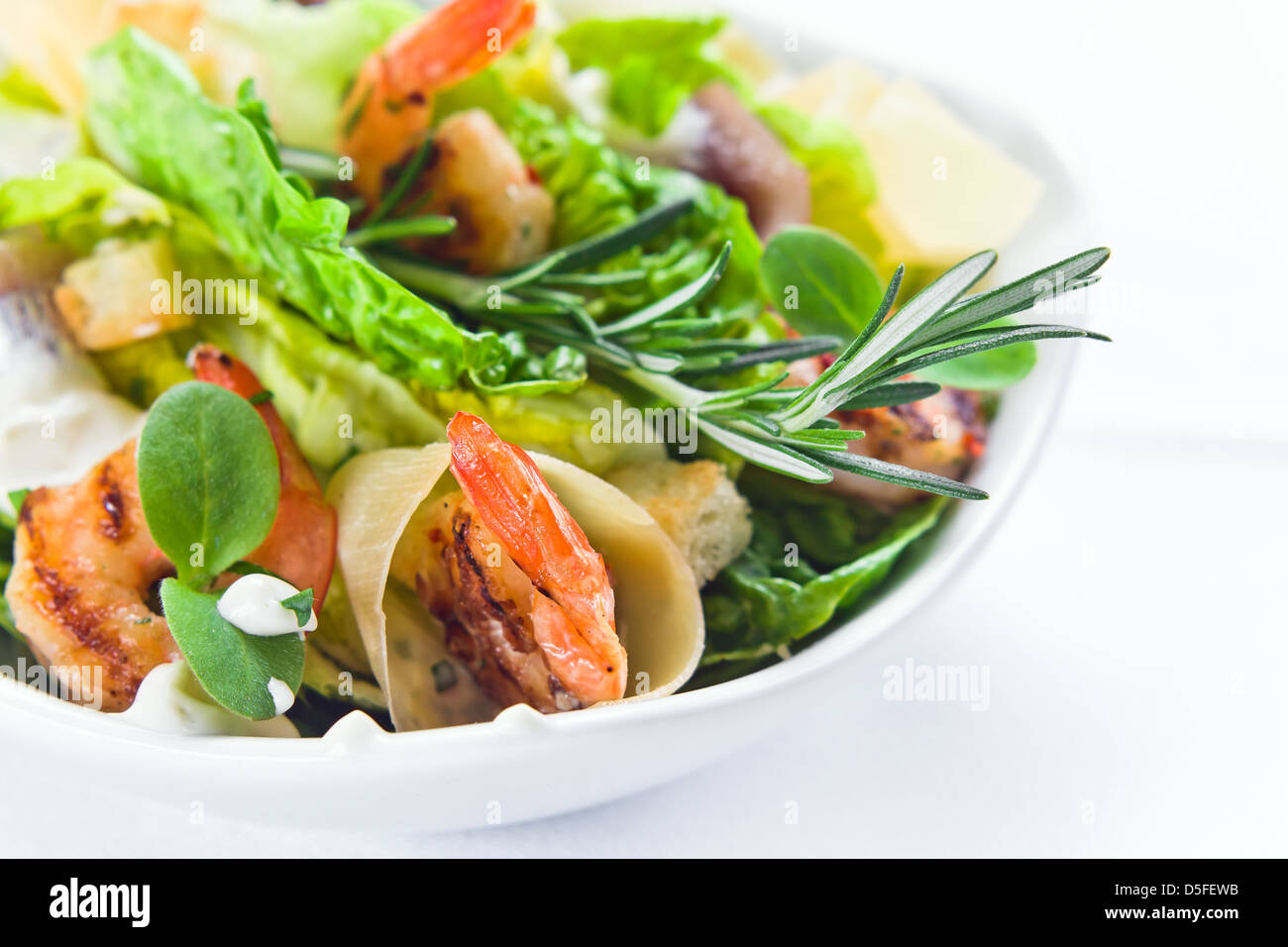 Salade de langoustines avec du fromage et de romarin sur une plaque blanche Banque D'Images