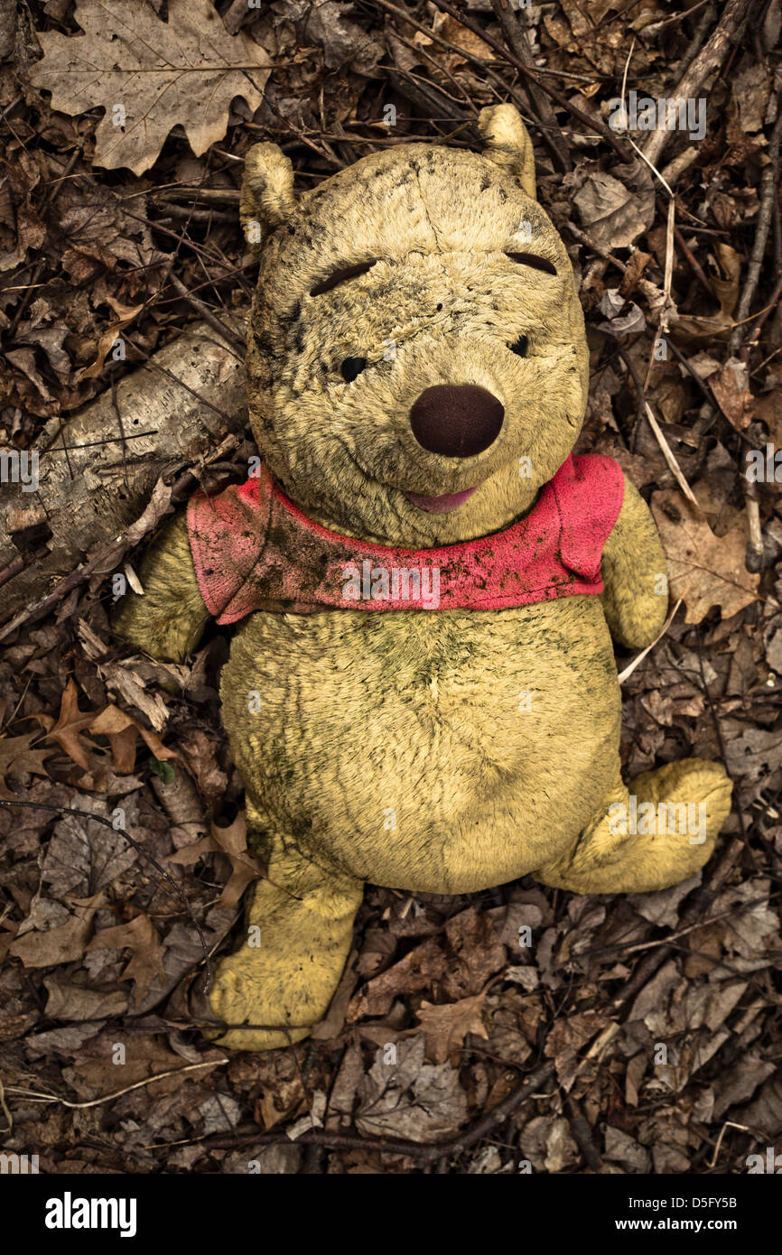 Peluche Winnie l'ourson abandonné dans les bois Banque D'Images