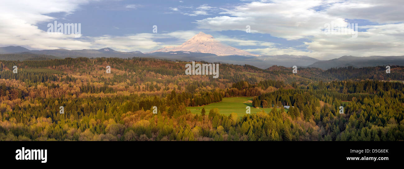 Plus de Sandr Mount Hood River Valley avec ciel bleu et nuages blancs Panorama Banque D'Images