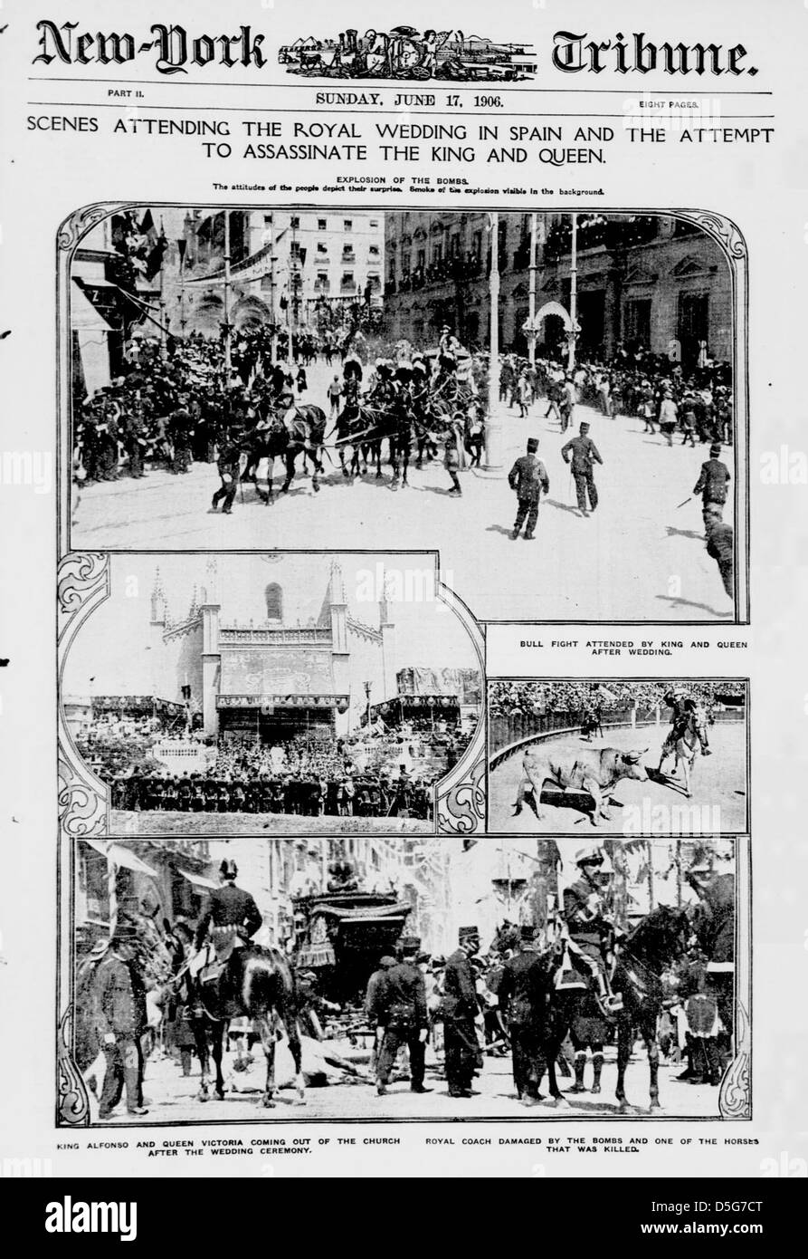 Cette photographie capture des scènes du mariage royal en Espagne et de la tentative d'assassinat subséquente sur le roi Alphonse XIII et la reine Victoria Eugénie. Les images reflètent un moment de tension politique et d'importance historique au début du XXe siècle en Espagne. Banque D'Images