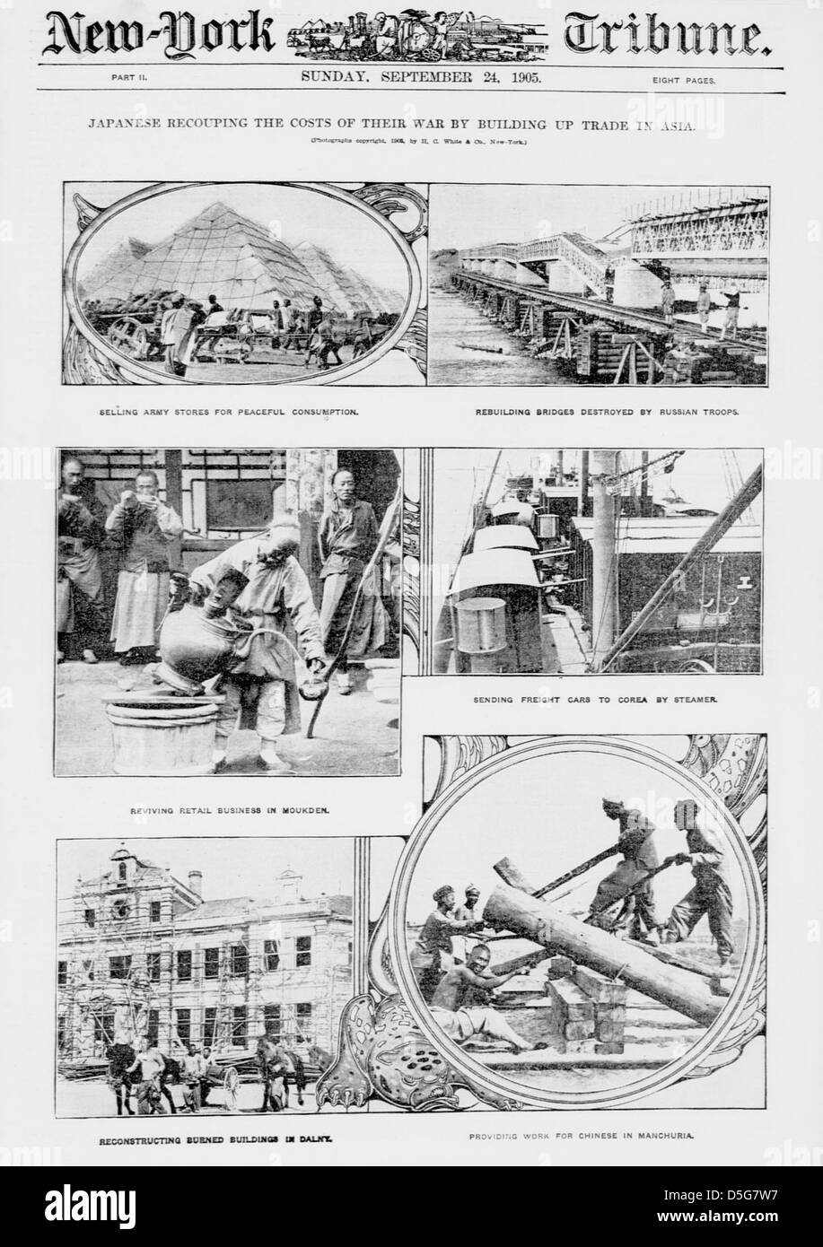 Une photographie historique prise à Dalian, en Chine, montrant les efforts japonais pour récupérer les coûts de la guerre grâce à l'augmentation du commerce en Asie. L'image représente une rue russe animée à Dalian, reflétant l'activité commerciale de la région. Banque D'Images
