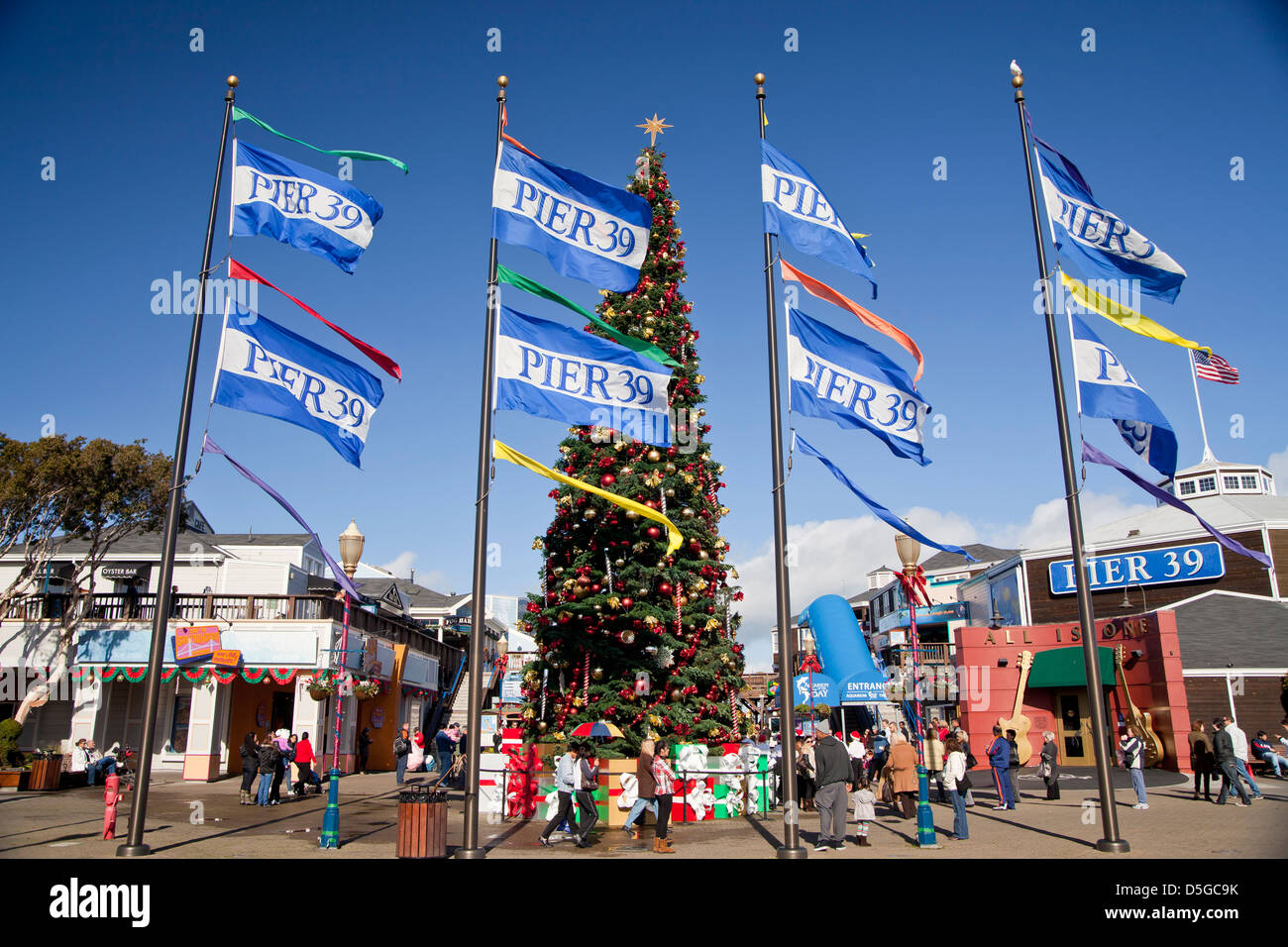 Arbre de Noël et des drapeaux au Pier 39 de Fisherman's Wharf à San Francisco, Californie, États-Unis d'Amérique, USA Banque D'Images