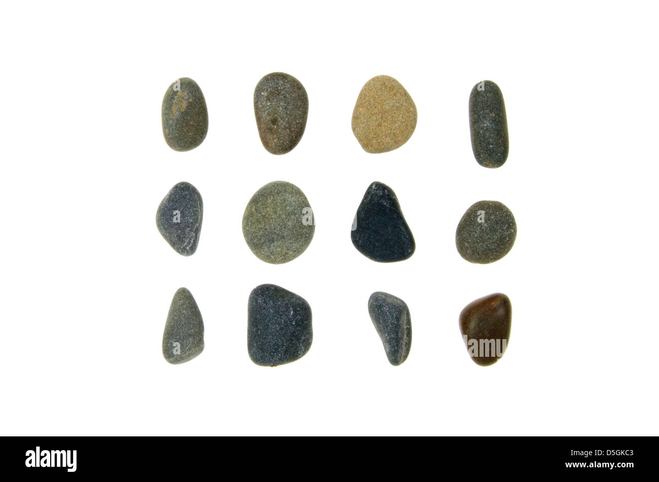 Douze pierres plage arrondie et lisse du Maine granit, Jasper, et le schiste. Banque D'Images