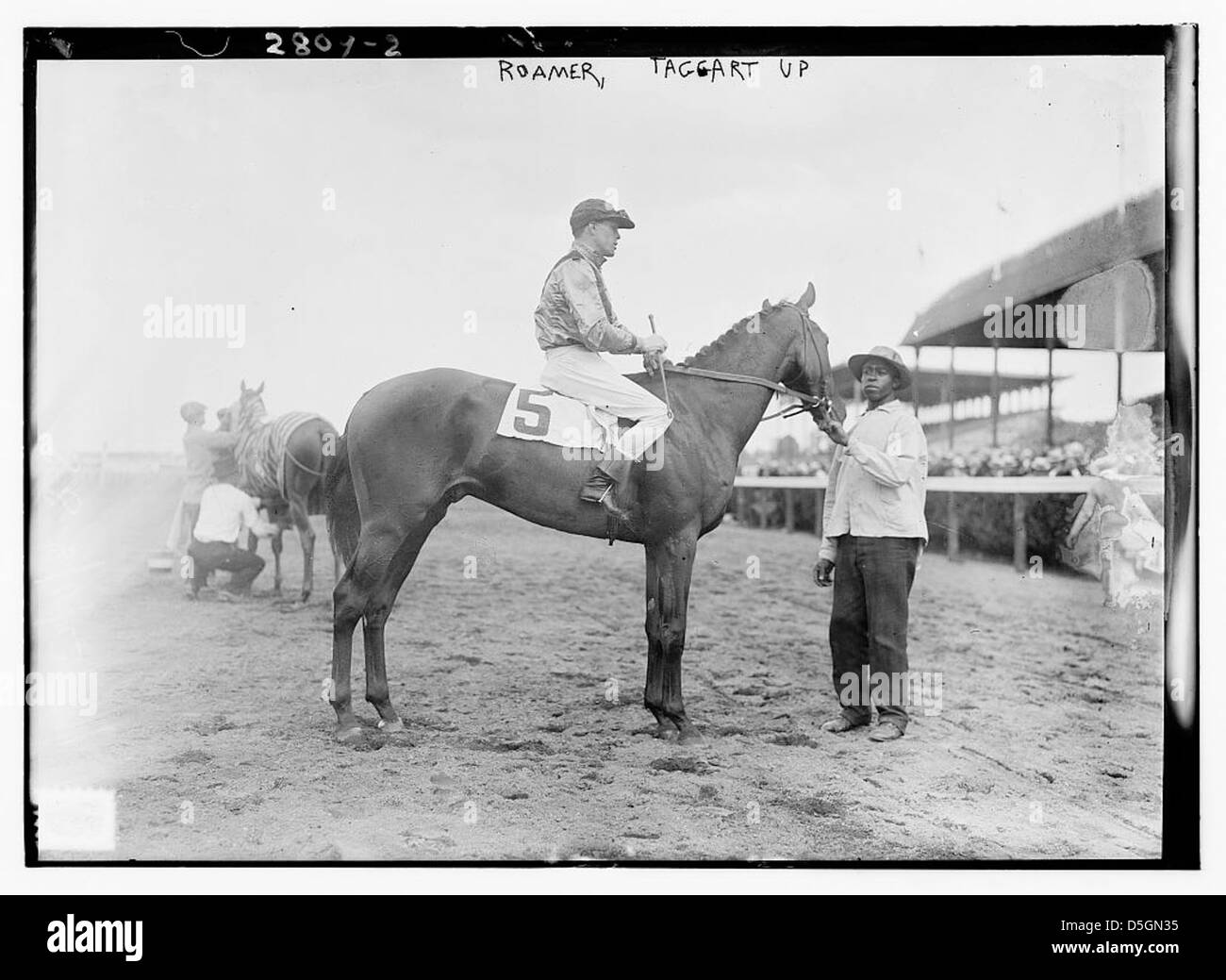Cette image de 1913 capture « Roamer », un cheval dans une course au Belmont Park, avec le jockey Thomas McTaggart chevauchant la bête du fardeau dans une course hippique compétitive. Banque D'Images
