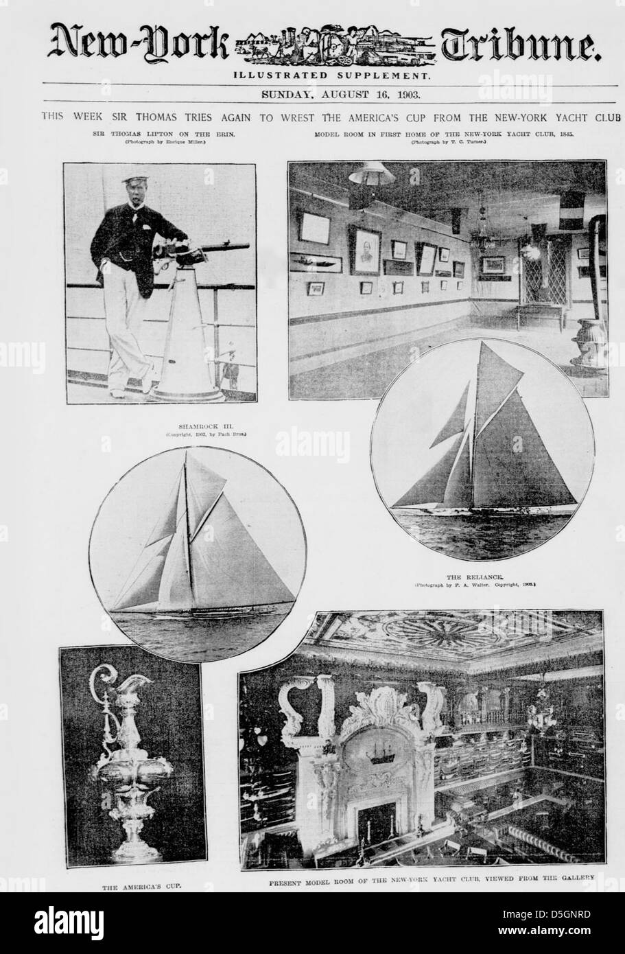 Une image de Sir Thomas tentant de remporter la Coupe de l'Amérique du New York Yacht Club en 1903. Son défi faisait partie de la compétition en cours pour le prestigieux trophée de voile. Banque D'Images