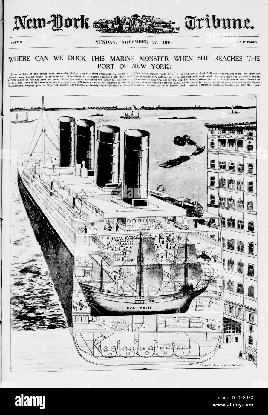 Un article de journal de 1910 discute avec humour où le RMS Titanic pourrait accoster à son arrivée à New York. Le navire de classe olympique, qui fait partie de la White Star Line, était une merveille de son époque. Banque D'Images