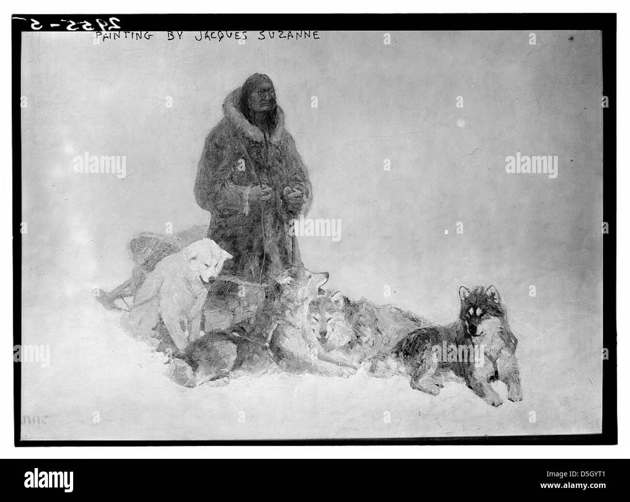 Tableau de Jacques Suzanne représentant un homme avec des Huskies arctiques, représentant la culture amérindienne. Cette œuvre fait partie de la collection de la Bibliothèque du Congrès. Banque D'Images