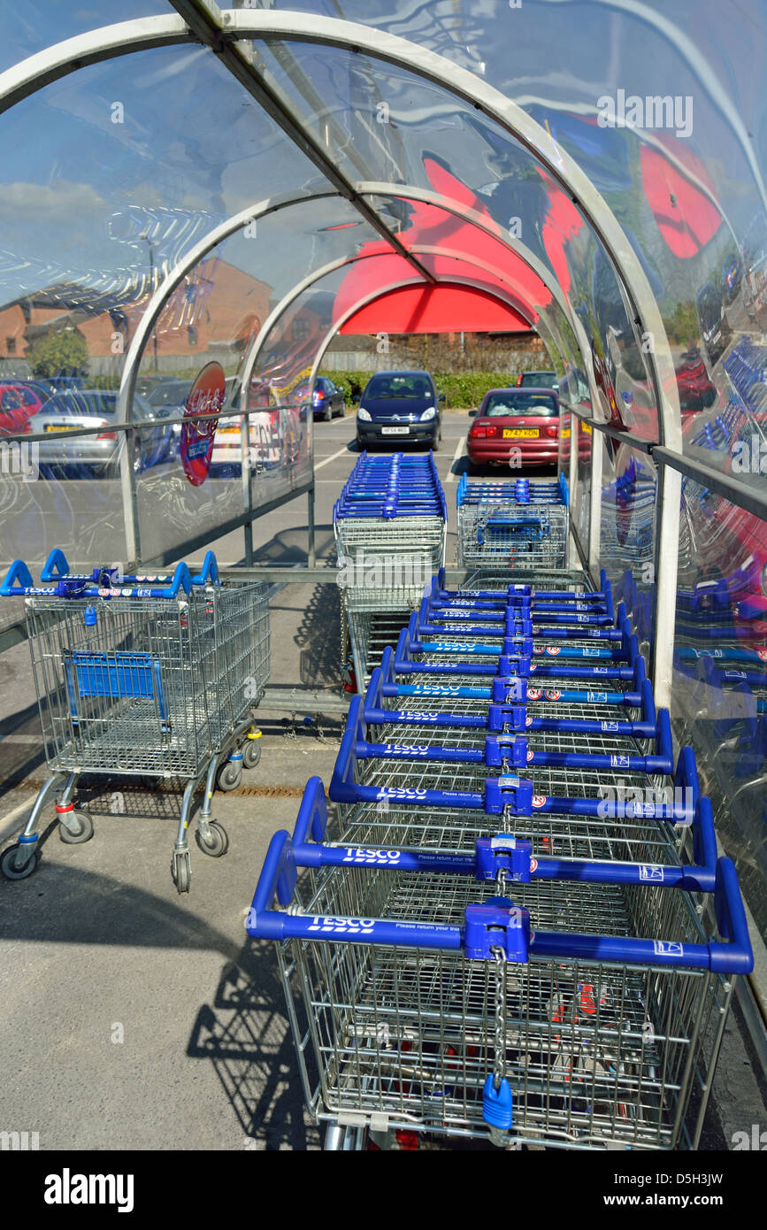 Chariots de supermarché Tesco au supermarché Extra, Addlestone, Surrey, Angleterre, Royaume-Uni Banque D'Images