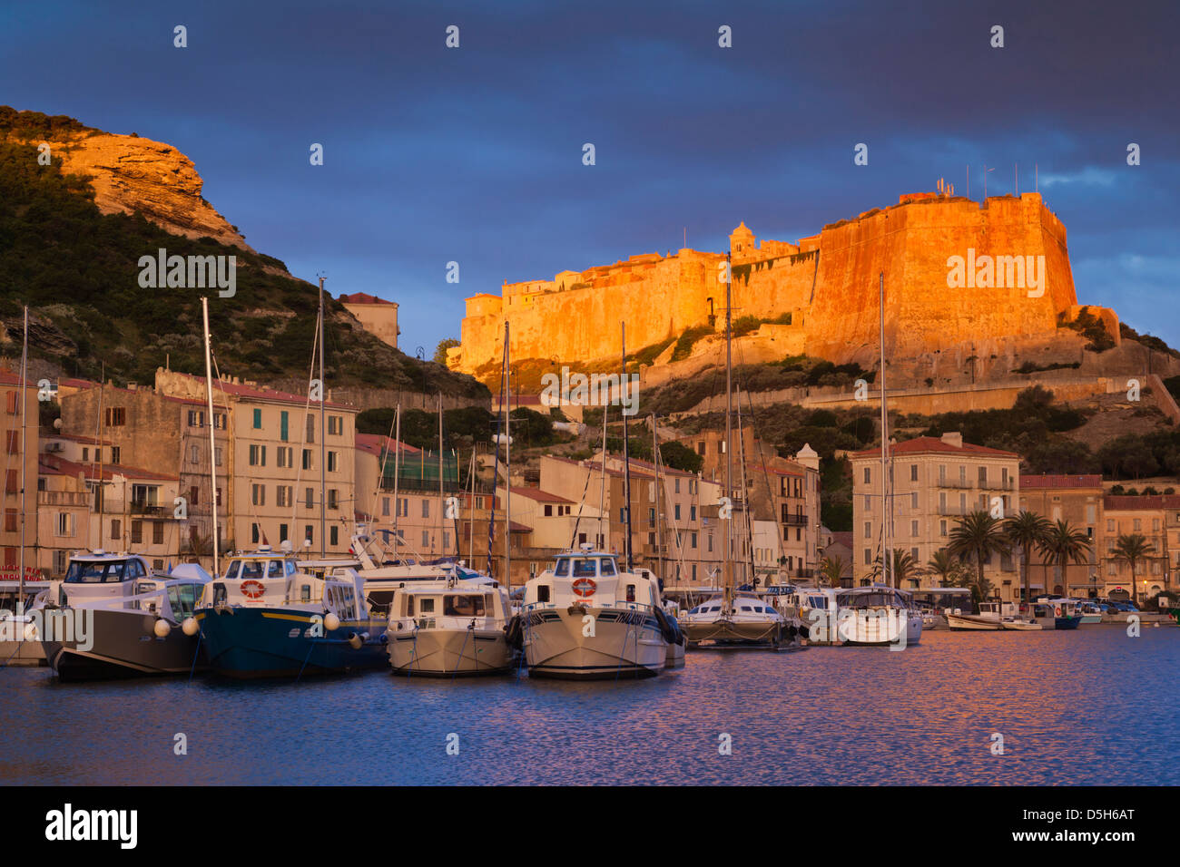 France, Corse, Bonifacio, port et citadelle, sunrise Banque D'Images