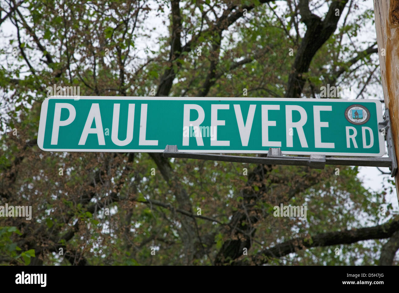 Paul Revere Road sign, à l'extérieur de Lexington MA pour représenter la guerre révolutionnaire, 1776, MA Banque D'Images