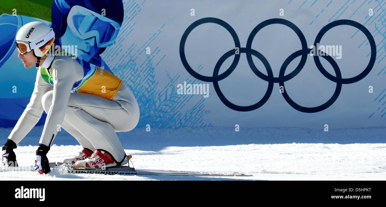 Michael Uhrmann de l'Allemagne réagit à la suite de son dernier saut dans le grand tremplin de saut à ski de l'équipe à la concurrence les Jeux Olympiques de 2010 à Vancouver, Whistler, Canada, 22 février 2010. Photo : Peter Kneffel Banque D'Images