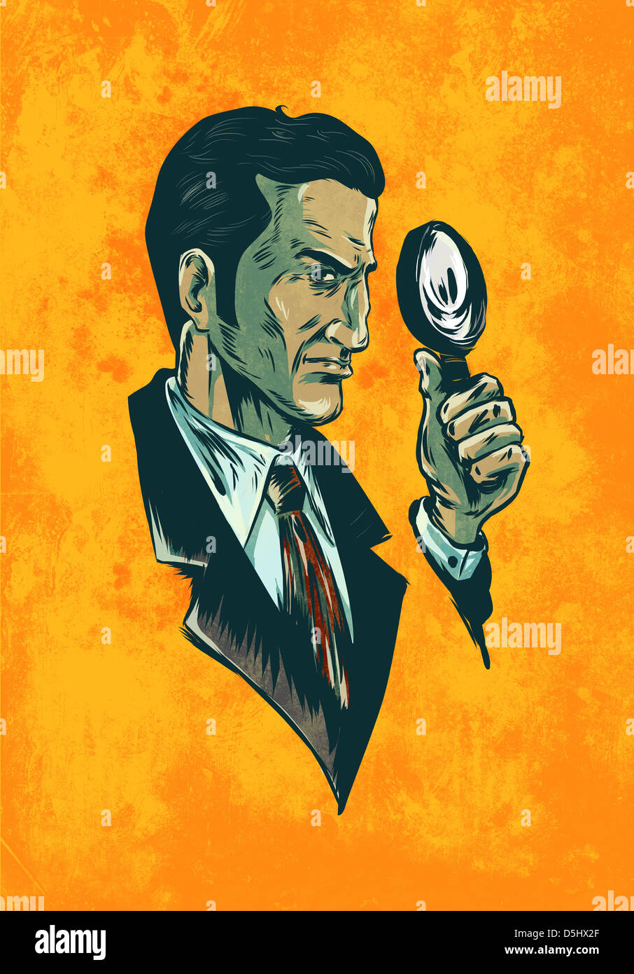 Image de l'homme illustration avec loupe incarnez un agent représentant sur fond orange Banque D'Images