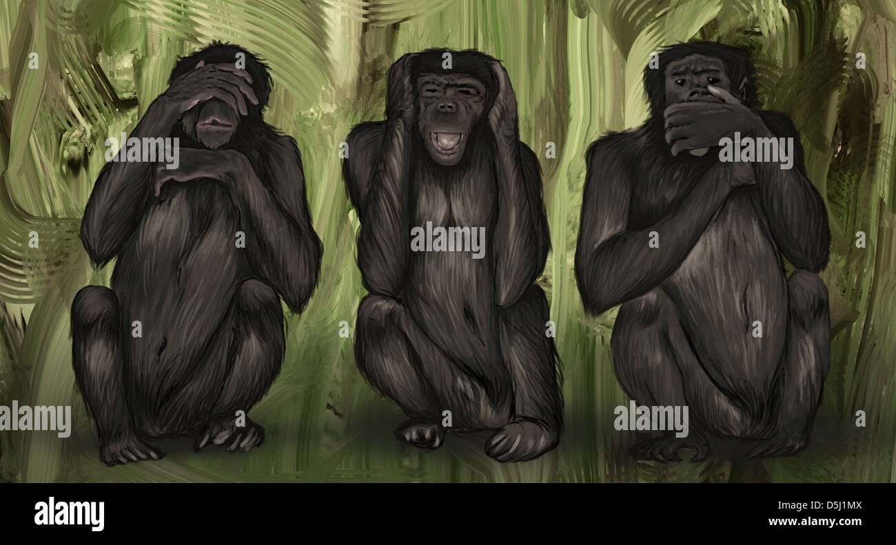 Image d'illustration de trois singes couvrant les yeux, les oreilles et la bouche représentant l'immoralité Banque D'Images