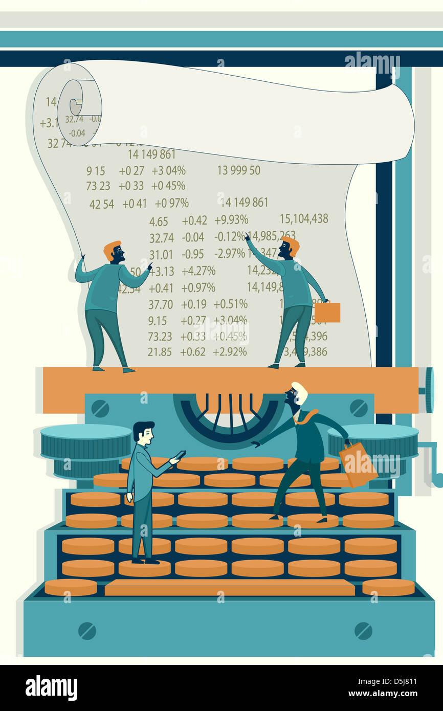 Image d'illustration d'hommes d'affaires le calcul de stock de machines à écrire sur les finances Banque D'Images