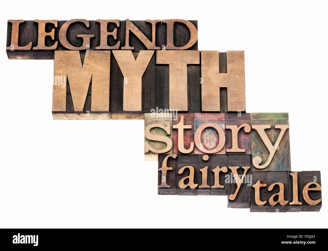 Légende, mythe, histoire, conte de fées - mot isolé en résumé la typographie vintage type de blocs d'impression Banque D'Images