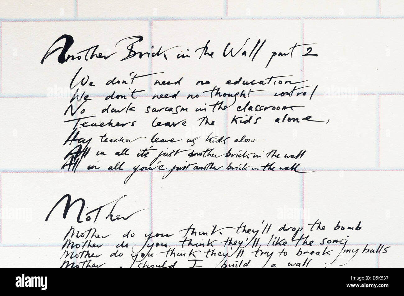 Pink Floyd une autre brique dans le mur lyrics comme imprimé sur le manchon intérieur de l'album The Wall Banque D'Images