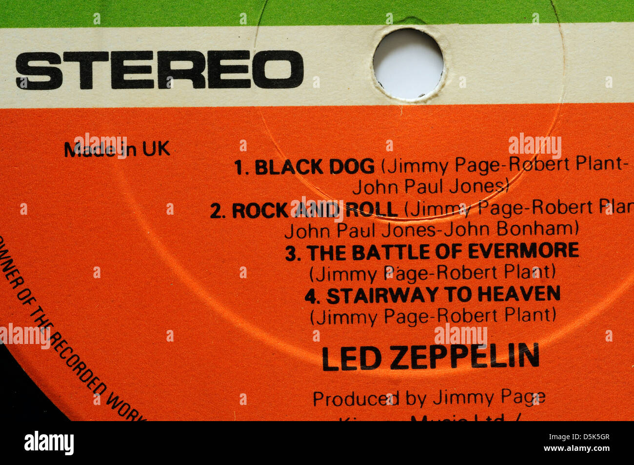 4 Led Zeppelin record label avec morceaux Rock and Roll et Stairway To Heaven Banque D'Images