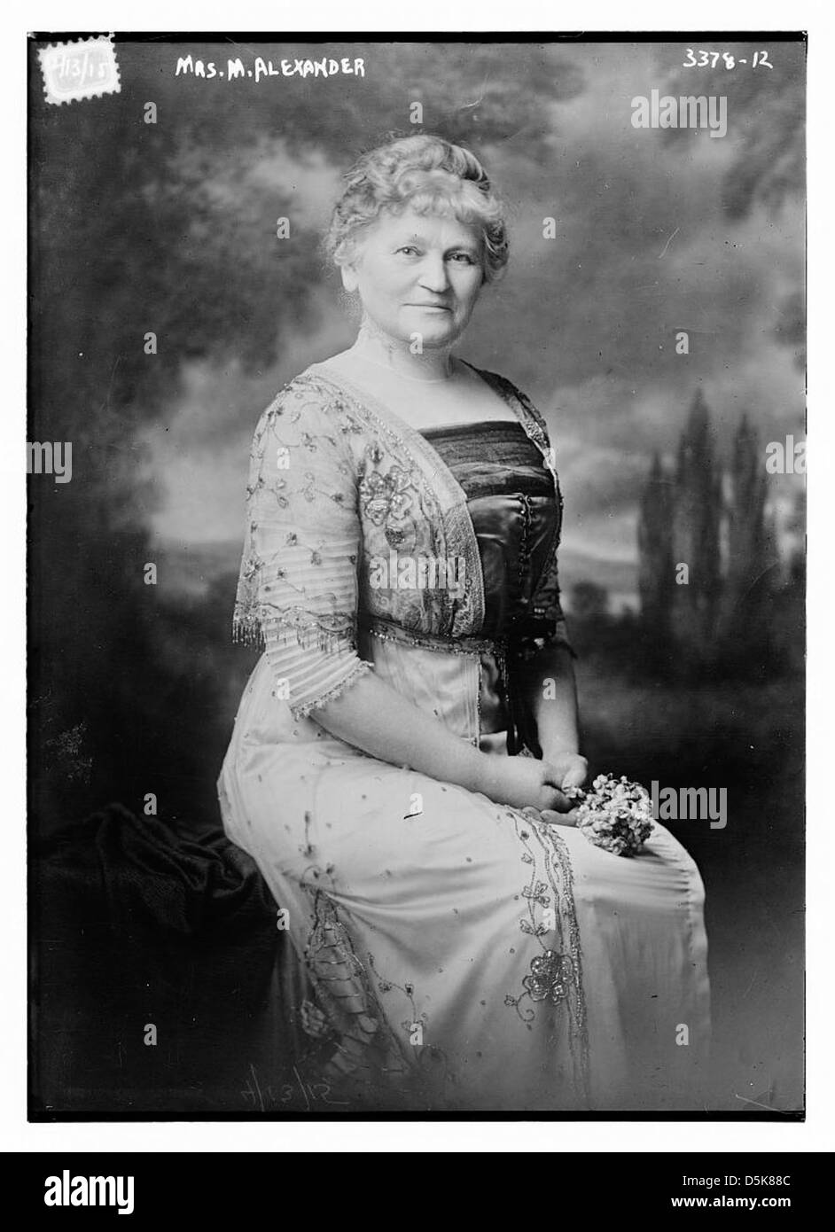 Cette photographie de portrait montre MRS M. Alexander, une femme plus âgée assise dans une robe. L'image reflète sa tenue habillée et le style du début du XXe siècle, offrant un aperçu de sa vie et de son temps. Banque D'Images