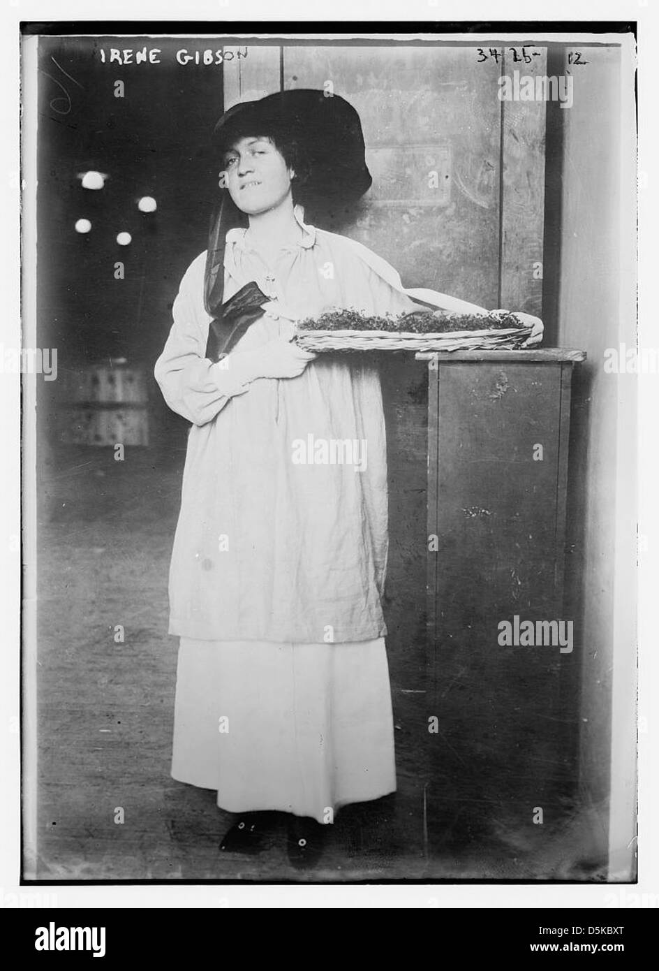 Irene Gibson est photographiée au salon international des fleurs de 1915 qui se tient au Grand Central Palace à New York. Elle porte un costume inspiré des fleurs, représentant le thème du spectacle. L'événement a présenté divers arrangements floraux et graines. Banque D'Images