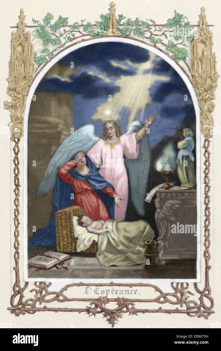 Sainte Monica (331-387 A.D.) faire confiance à Dieu sauve son fils. Allégorie de l'espoir. Gravure en couleur. Banque D'Images