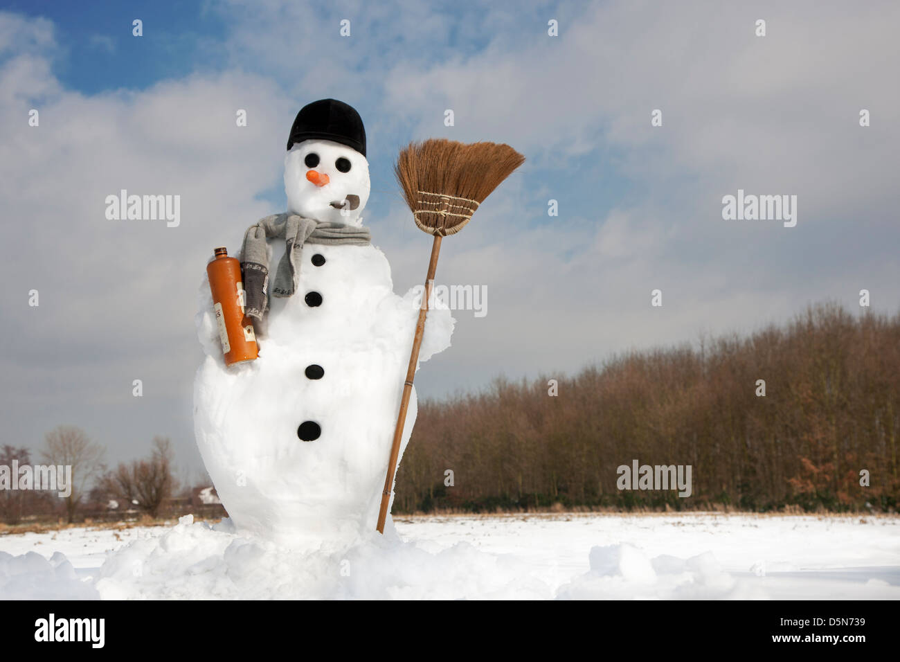 Décorées avec bonhomme heureux nez carotte, chapeau, pipe, d'écharpe et de balais dans la neige en hiver Banque D'Images Décorées avec bonhomme heureux nez carotte, chapeau, pipe, d'écharpe et de balais dans la neige en hiver Banque D'Images