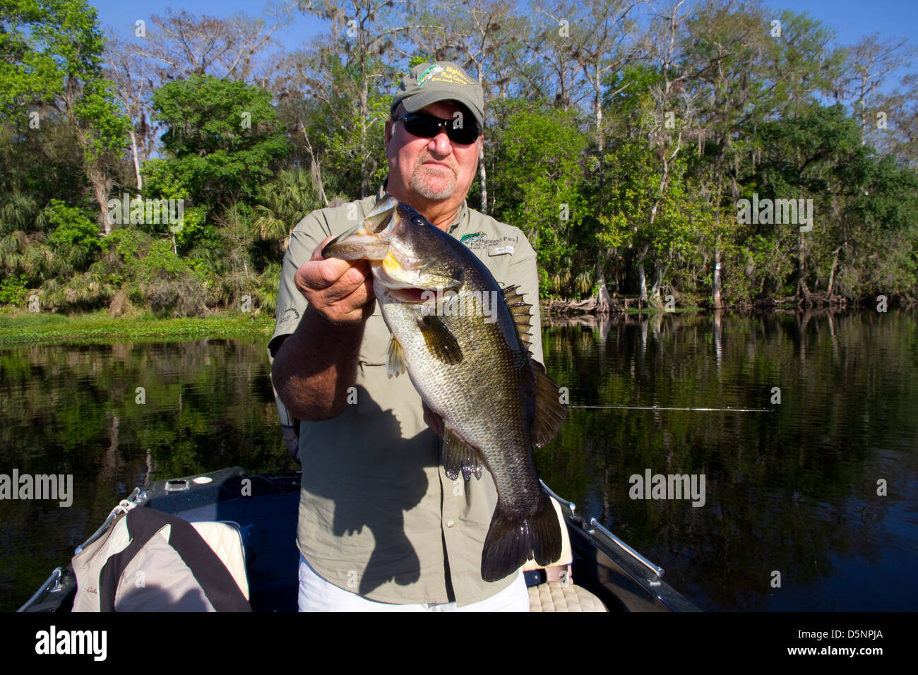 Ron Rawlins, propriétaire d'Highland Park Fish Camp, affiche un achigan à grande bouche, Saint John's River, près de Deland, FL Banque D'Images