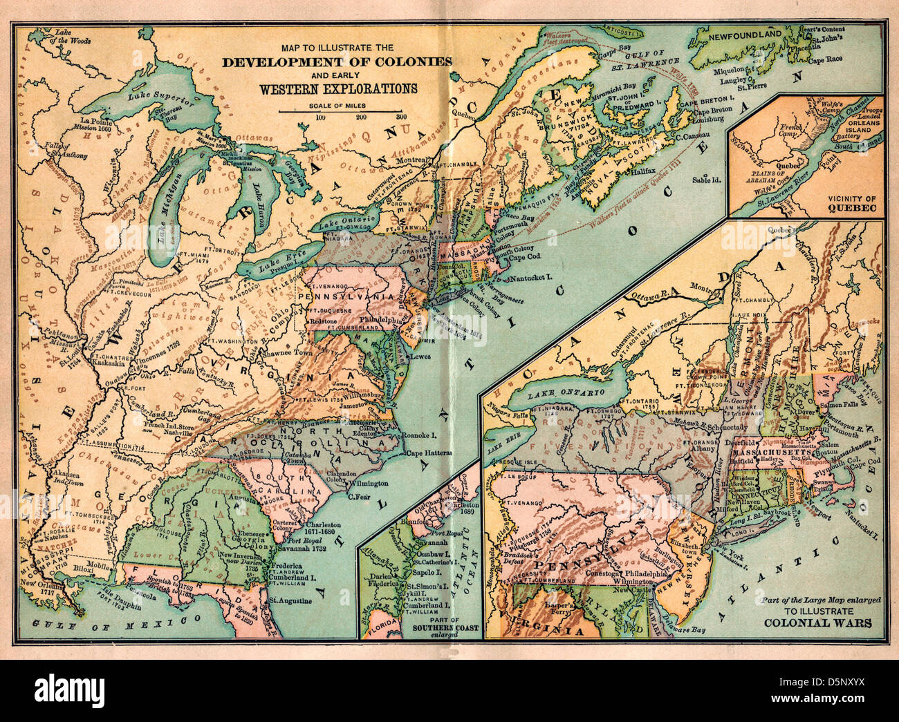 Vintage carte des États-Unis Amérique - développement des colonies et l'exploration de l'Ouest et les guerres coloniales Banque D'Images