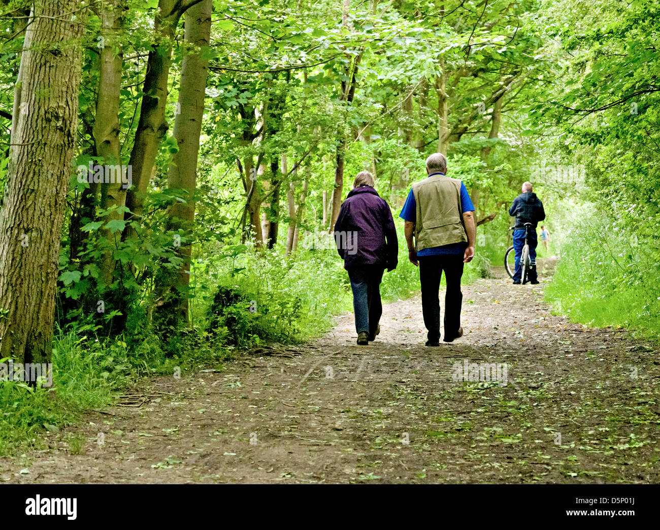 Vieux couple walking in woods bénéficiant d'un souffle d'air frais. Banque D'Images