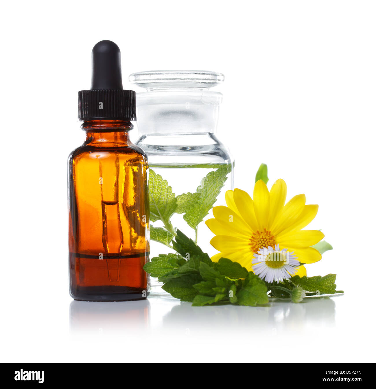 Phytothérapie flacon compte-gouttes avec des herbes et fleurs Banque D'Images