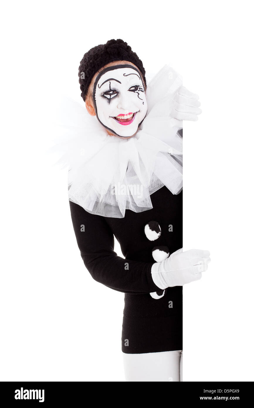 Pretty smiling clown regarde autour de l'angle Banque D'Images