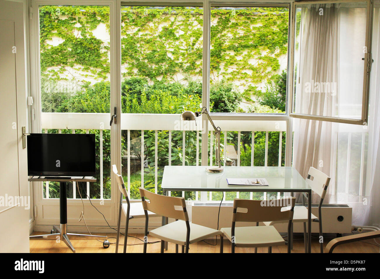 Studio avec grande baie vitrée donnant sur jardin verdoyant et couverte de lierre mur Banque D'Images
