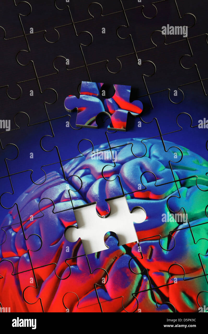 Il manque une pièce d'un puzzle fait à partir d'une photo (avec flash de couleur) d'un modèle en plastique du cerveau humain. Banque D'Images
