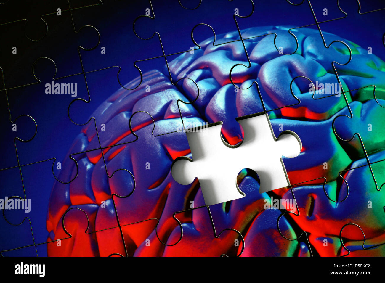 Il manque une pièce d'un puzzle fait à partir d'une photo (avec flash de couleur) d'un modèle en plastique du cerveau humain. Banque D'Images