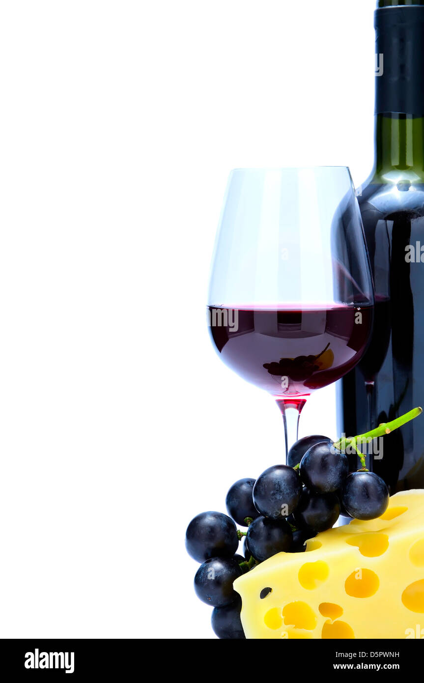 Le vin rouge, les raisins, le fromage et l'espace texte Banque D'Images